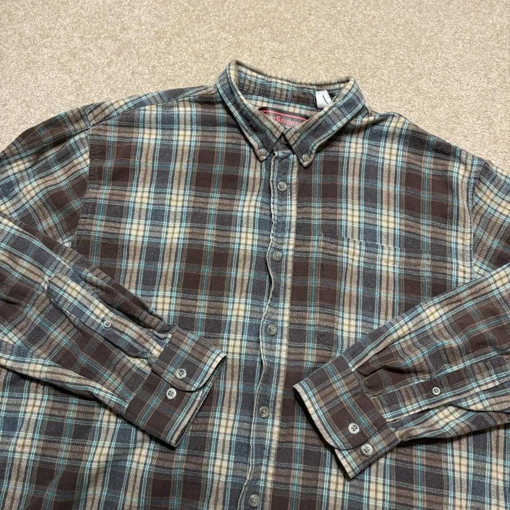 Vtg Five Brother Flannel Shirt Mens‎ 2XL Brown Cotton Plaid Flannel Button Down